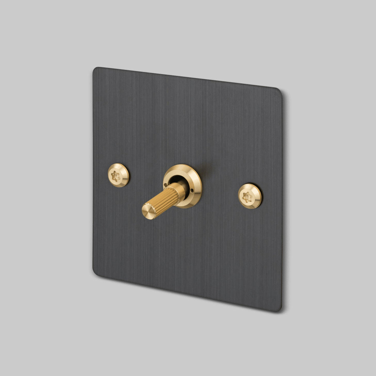 One Gang 2 Way Light Switch in Smoked Bronze with Brass Linear Knurled Toggle
