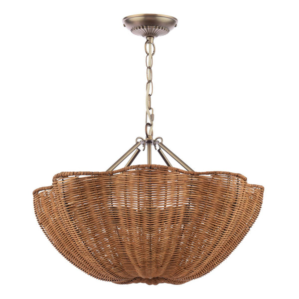 Woven rattan scalloped bowl pendant light with antique brass hardware and chain suspension
