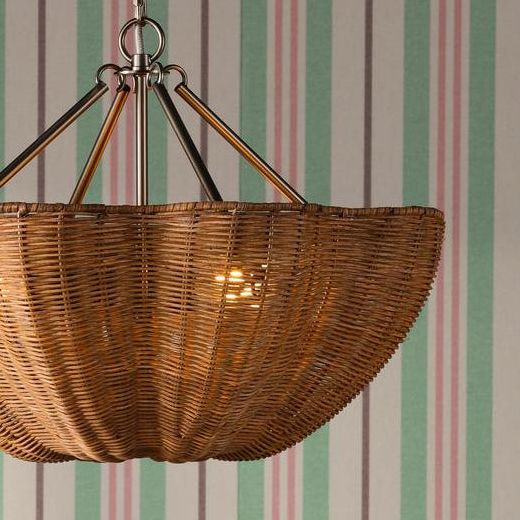 Woven rattan bowl pendant light with metal hardware