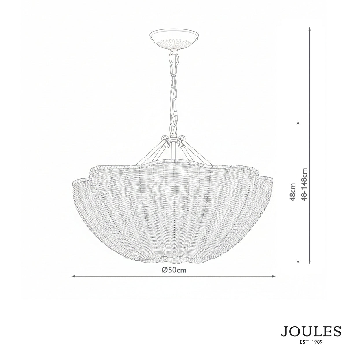 Joules wicker pendant light technical drawing with dimensions