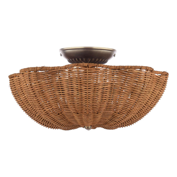 Woven rattan semi flush mount ceiling light with bronze canopy