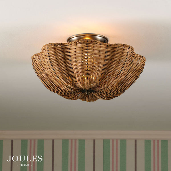 Braywick Semi Flush Ceiling Light in Satin Bronze with Dark Rattan Shade