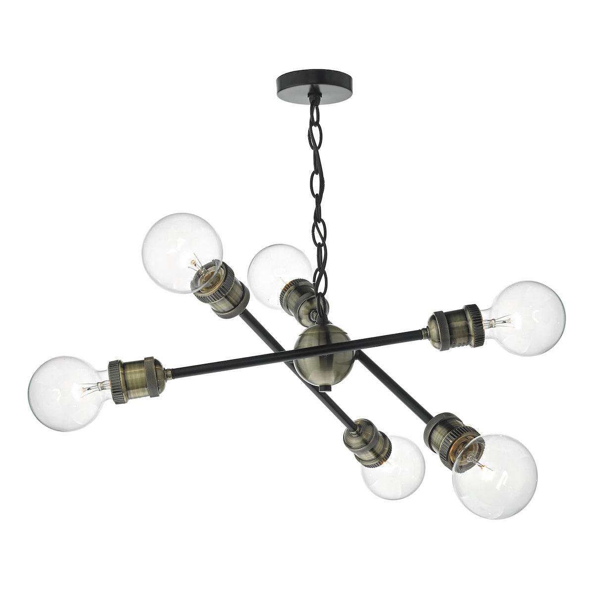 A modern chandelier with six exposed bulbs on black and brass arms.