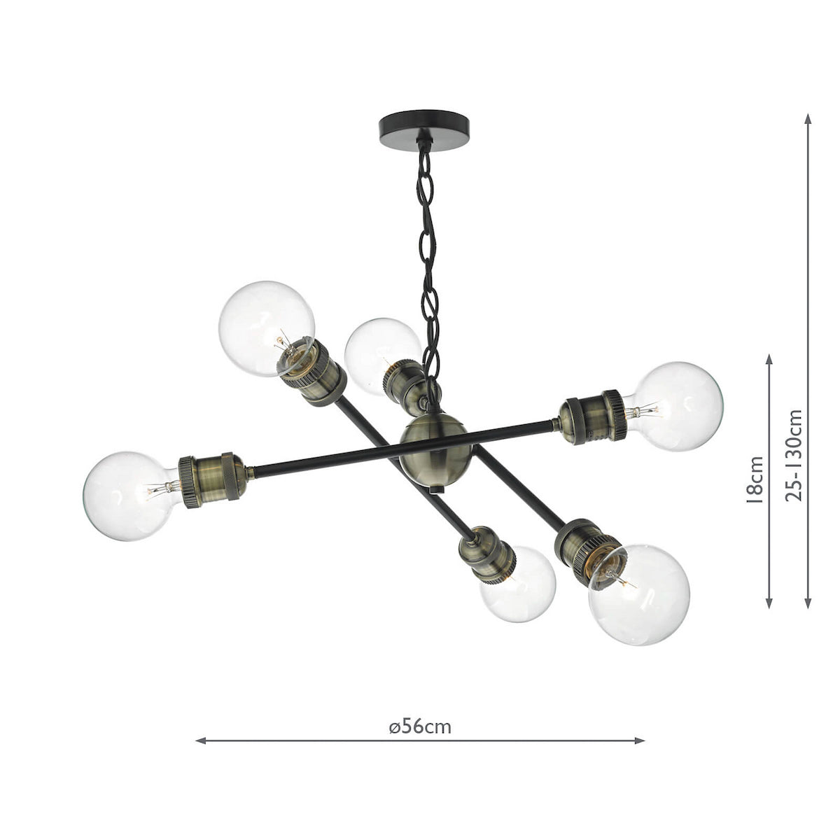 Industrial-style chandelier with six exposed bulbs on black and brass arms, showing dimensions.
