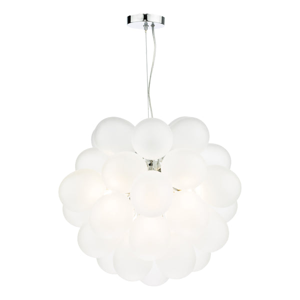 White chandelier with multiple frosted glass globes clustered together, suspended from a chrome ceiling plate