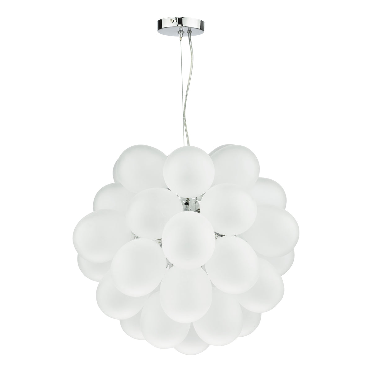 White frosted glass globe pendant light with chrome ceiling rose
