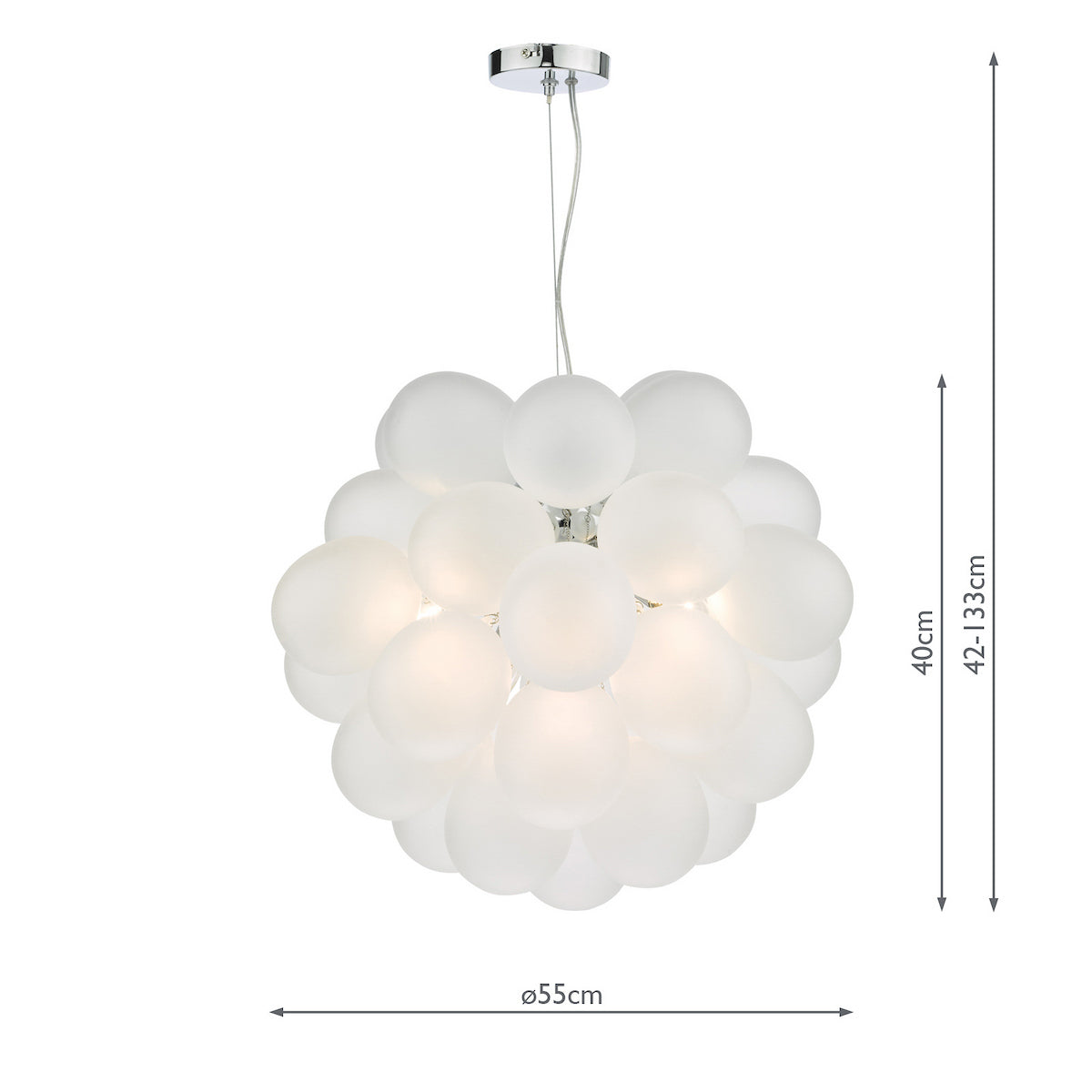 White frosted glass bubble pendant light with chrome ceiling rose and dimensions