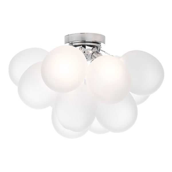 Cluster of frosted glass globe lights attached to a chrome ceiling fixture