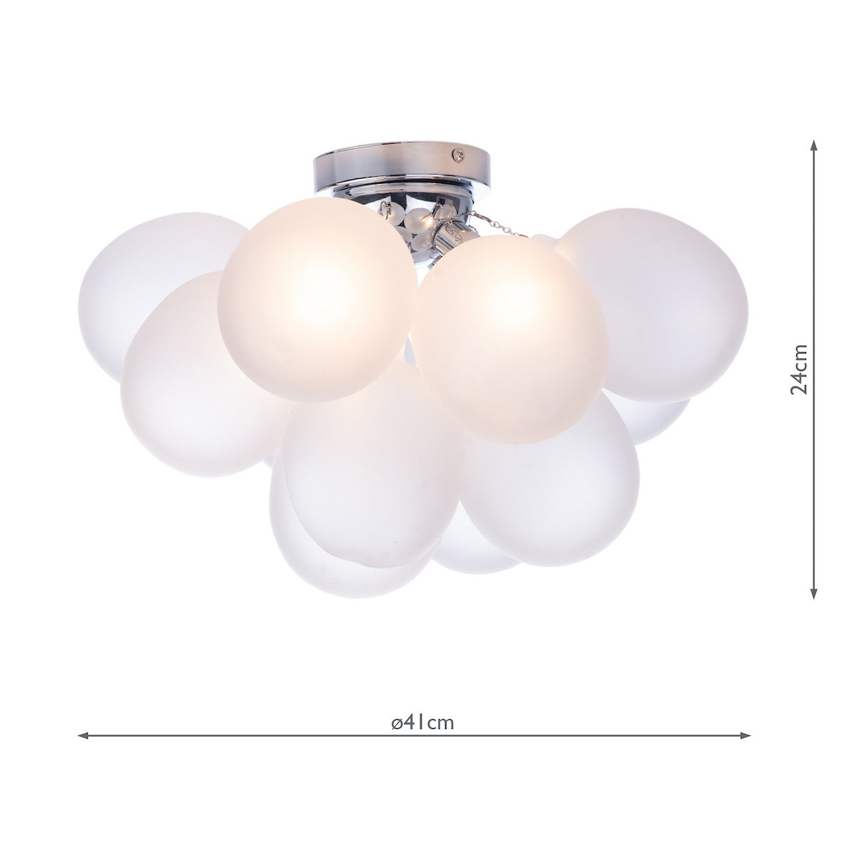 Frosted glass bubble ceiling light with chrome base, two bulbs illuminated, 41cm diameter, 24cm height