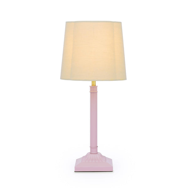 Joules Buscot table lamp in matt pink with a natural linen shade