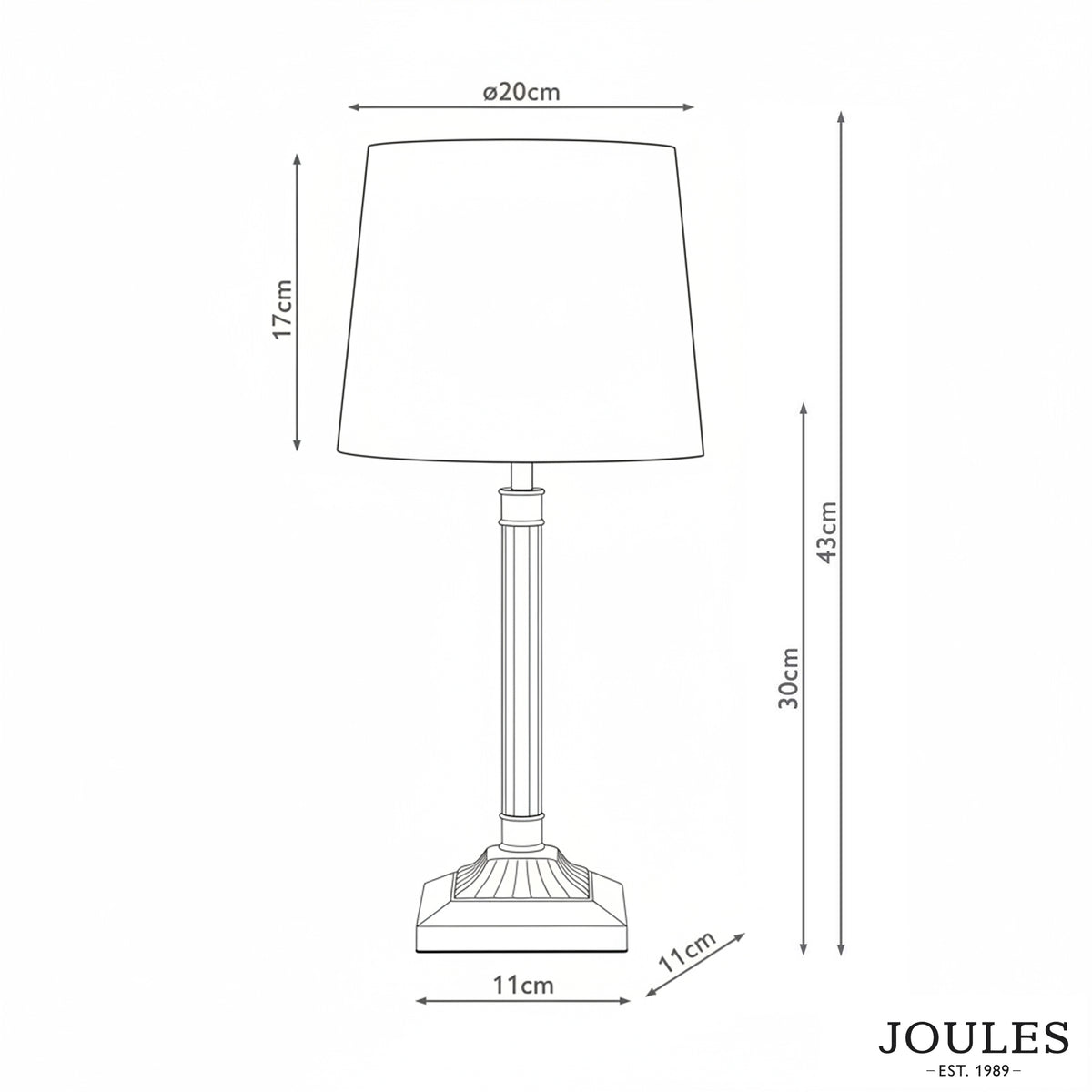 Dimensional line drawing of Joules Buscot Table Lamp in Antique Brass with Tapered Linen Shade showing measurements