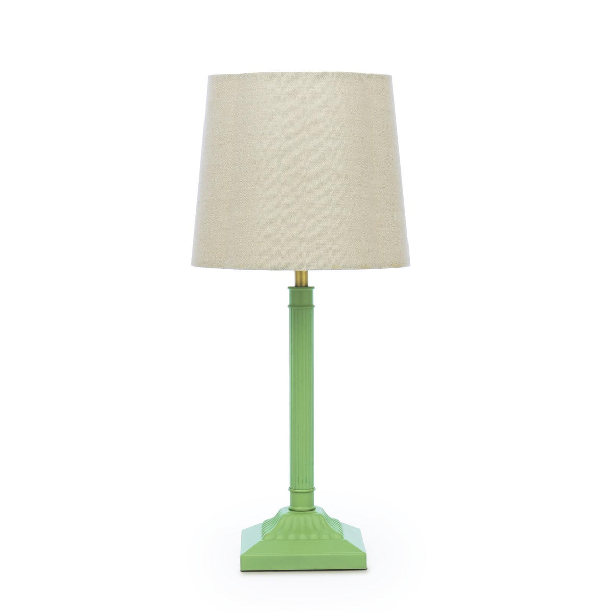 Joules Buscot table lamp with a matt green fluted base and a natural linen drum shade
