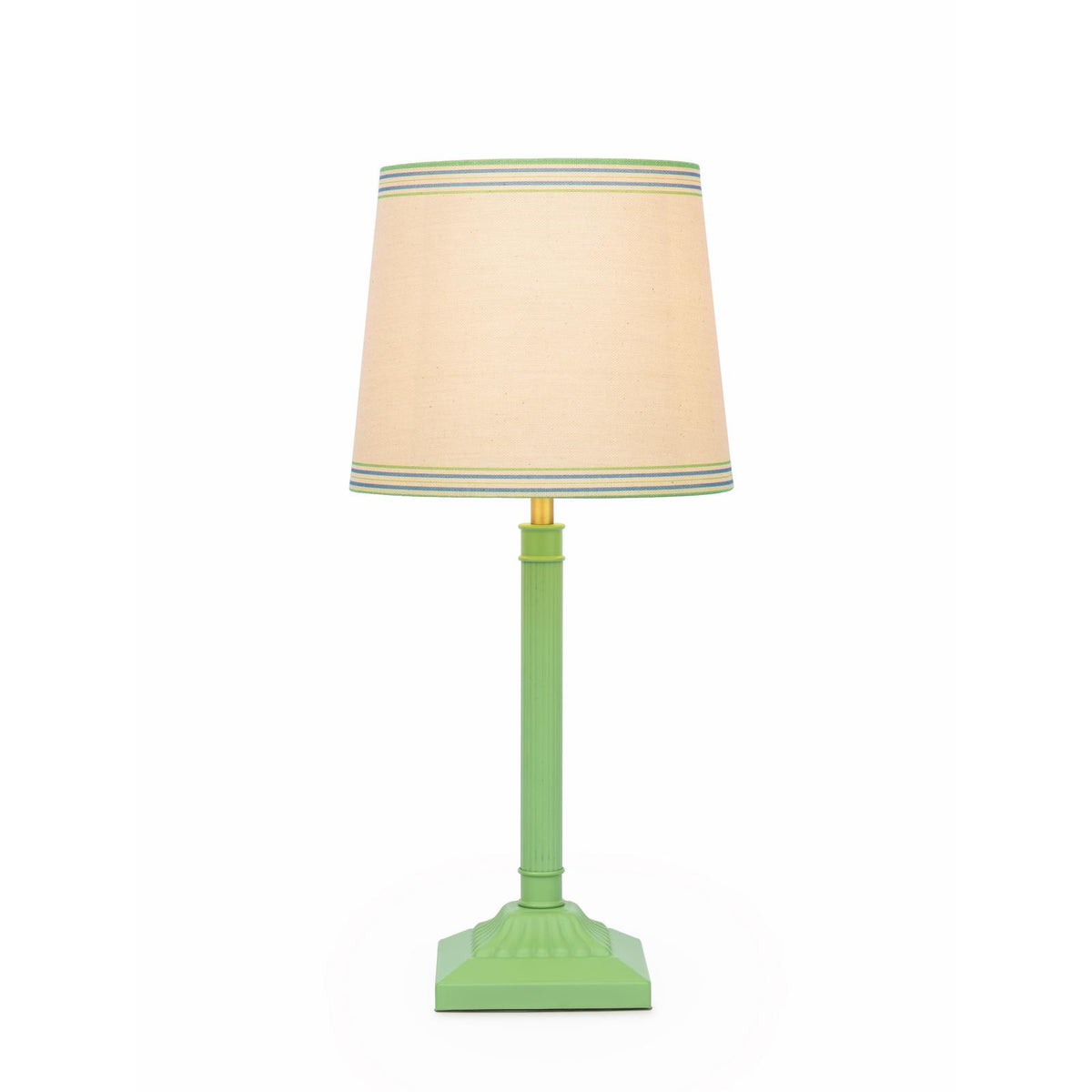 Green table lamp with a beige fabric shade featuring blue and green striped trim