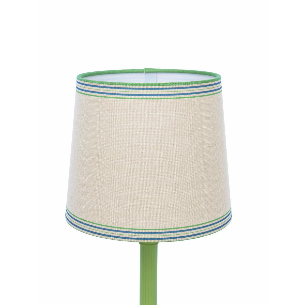 Joules Buscot table lamp with a tapered linen shade featuring green and blue striped trim