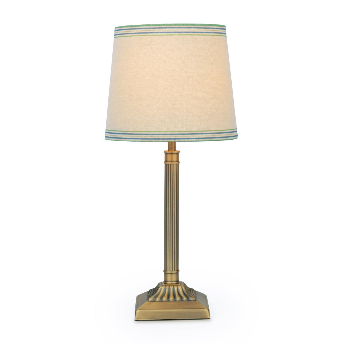 Joules Buscot table lamp with antique brass base and tapered linen shade featuring blue and green stripes