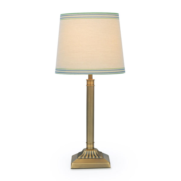 Joules Buscot table lamp with antique brass base and tapered linen shade featuring blue and green stripes
