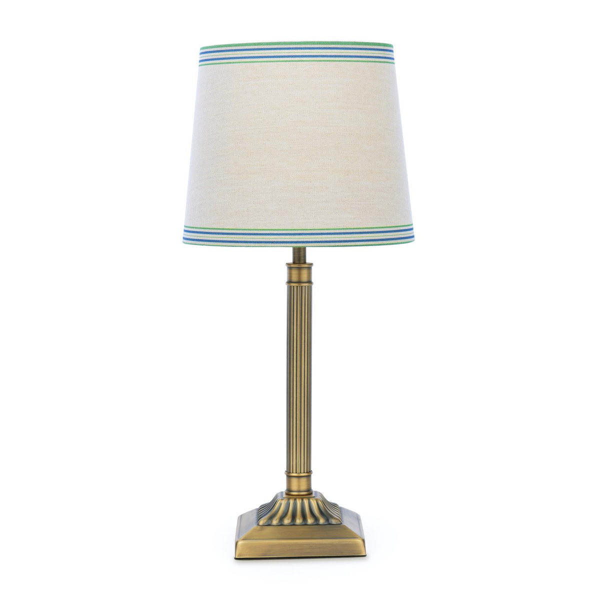 Joules Buscot table lamp in antique brass with a tapered linen shade featuring blue and green striped trim