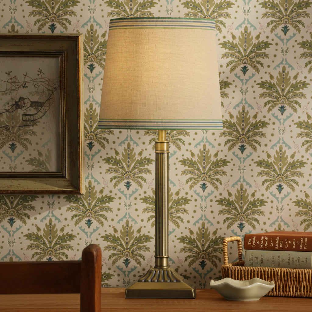 Buscot Table Lamp in Antique Brass with Tapered Linen Shade