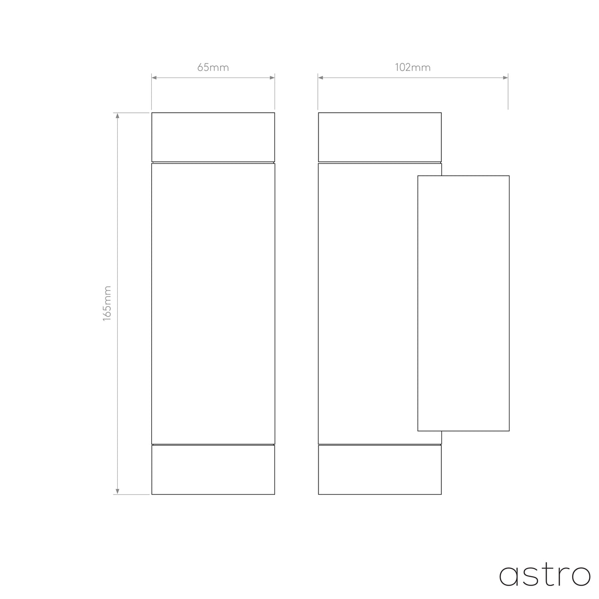 Line drawing of two rectangular wall lights with dimensions 165mm by 65mm and 102mm