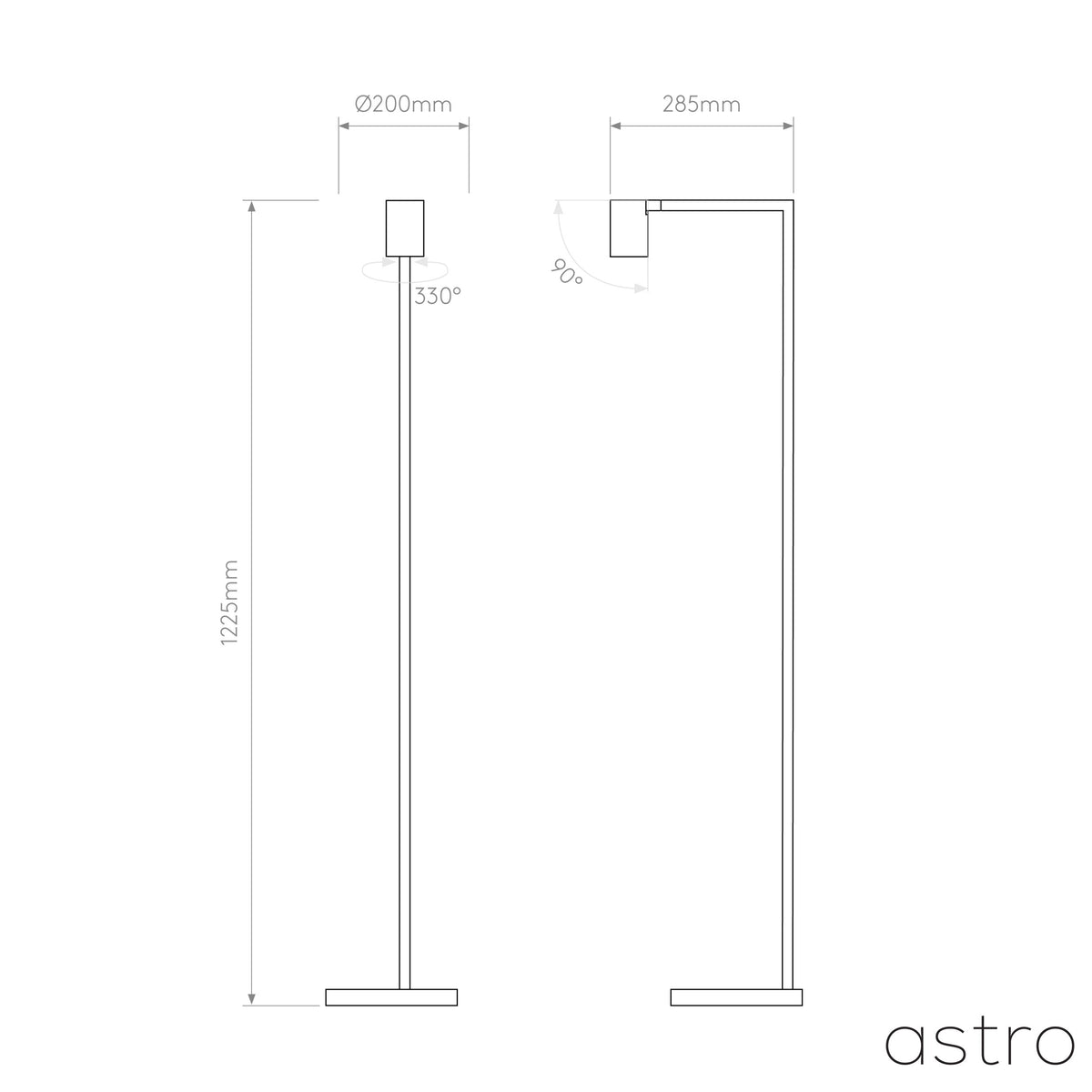 Technical drawing of a floor lamp with dimensions 1225mm height, 200mm base, and 285mm lamp head