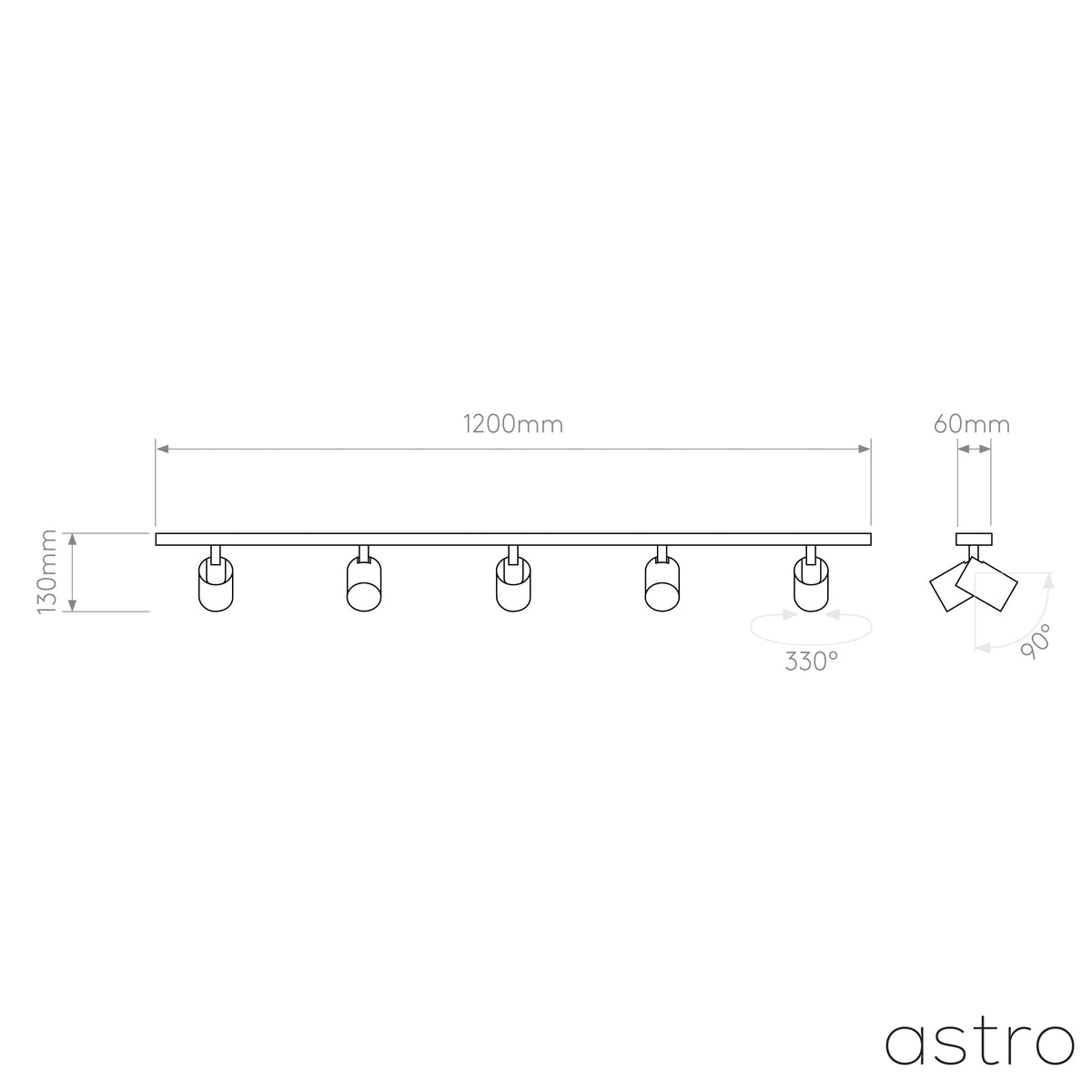 Technical drawing of a 5-light track fitting, 1200mm wide, 130mm high, with 60mm diameter spotlights