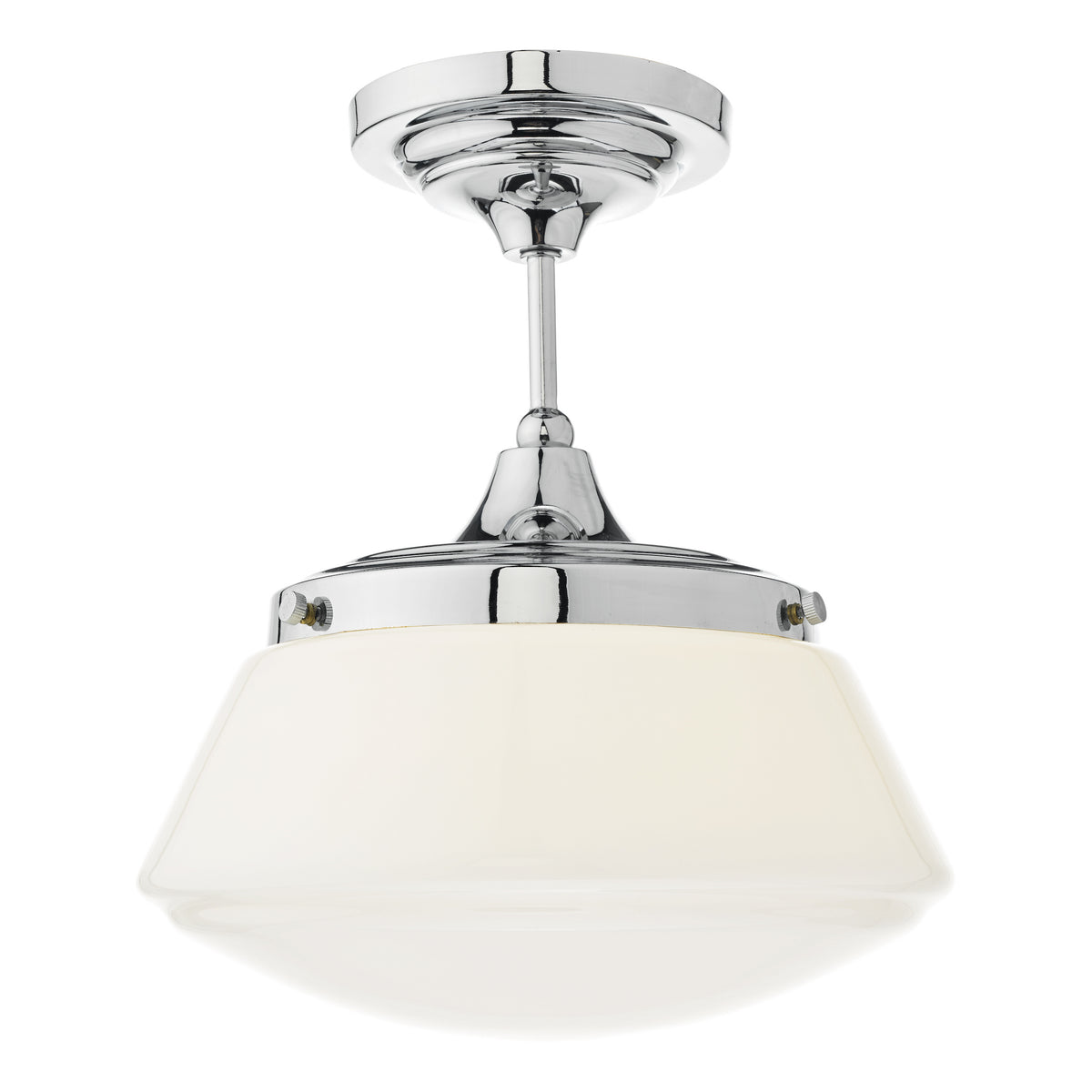 Chrome ceiling light with a white conical glass shade