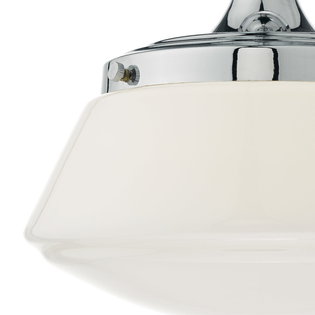 Close up of a white glass shade with a chrome fitting