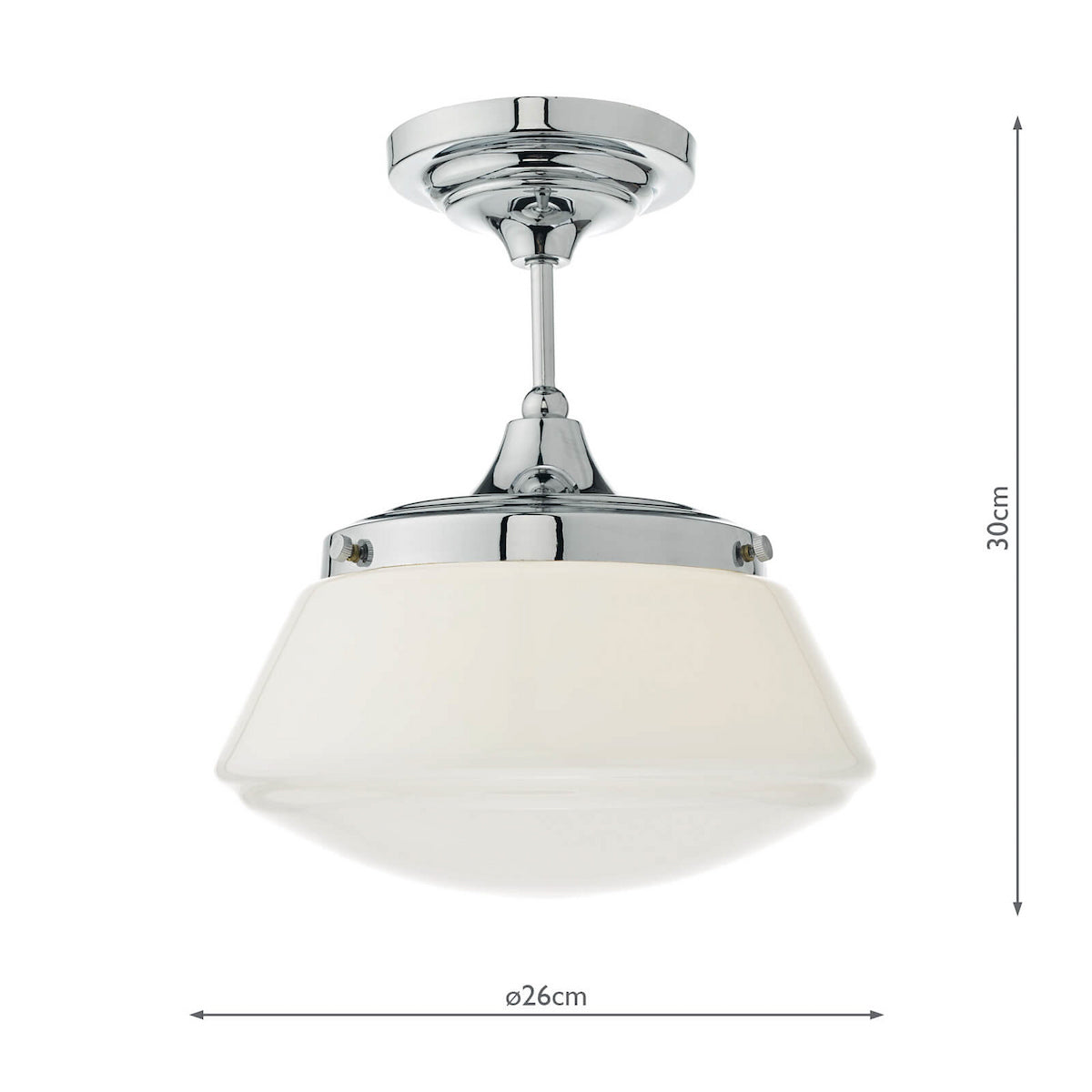 Chrome ceiling light with an opal glass shade, 30cm high and 26cm wide