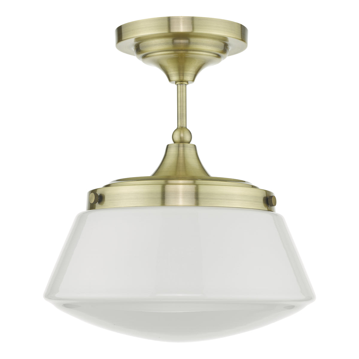 Brass ceiling light with a white conical glass shade
