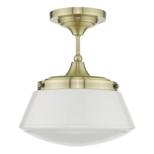 Caden Bathroom IP44 Semi Flush Ceiling Light In Antique Brass with Opal Glass Shade