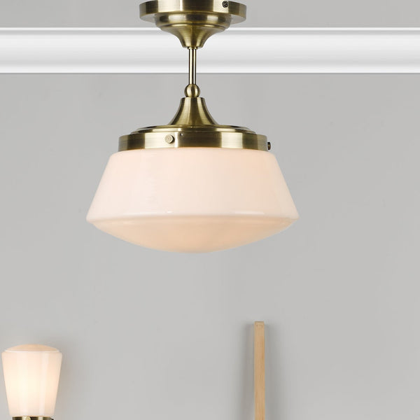 Caden Bathroom IP44 Semi Flush Ceiling Light In Antique Brass with Opal Glass Shade