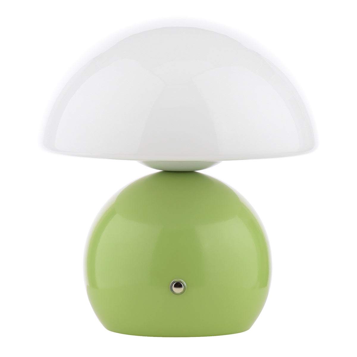 Mushroom shaped table lamp with a white dome shade and a green spherical base