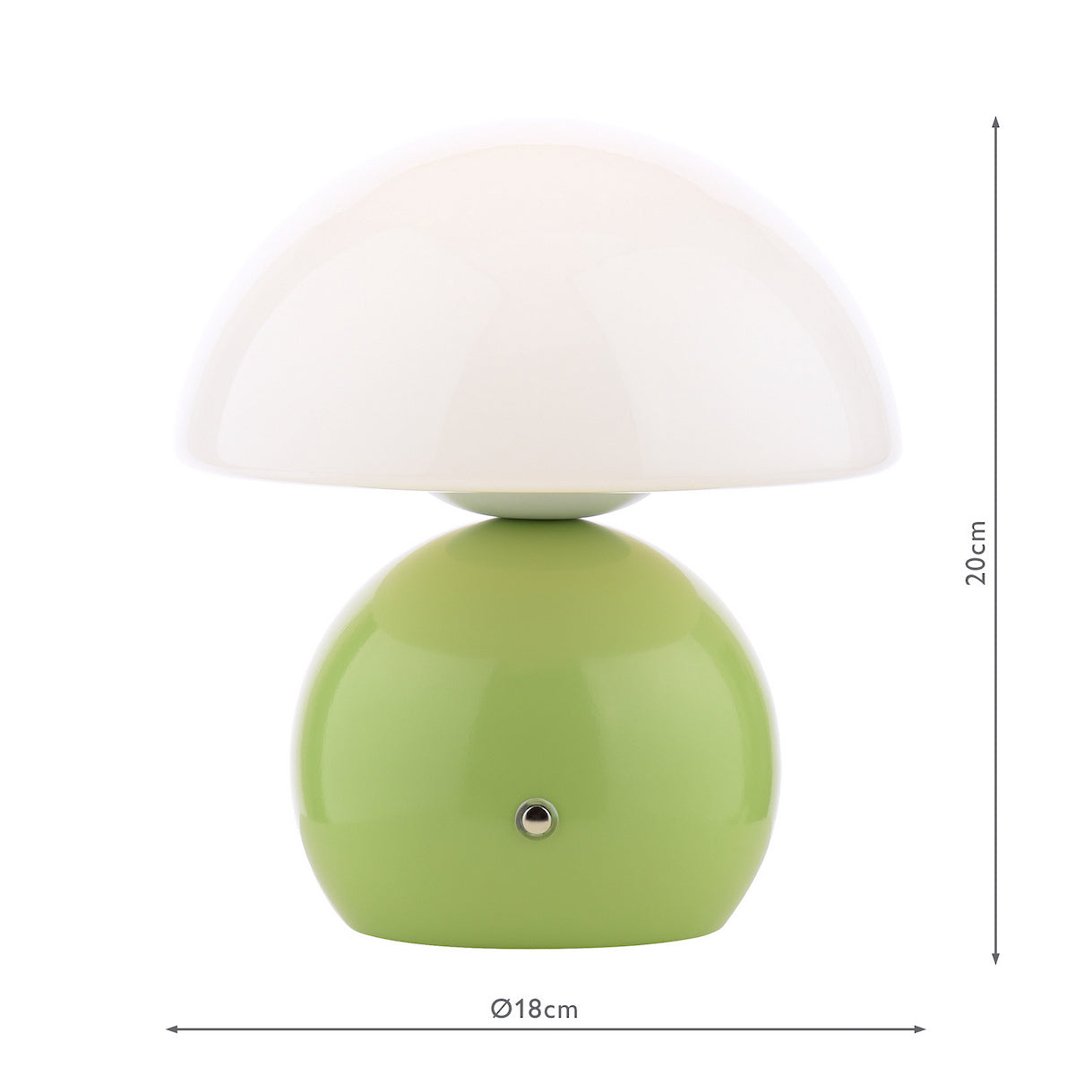 Mushroom shaped table lamp with a white dome shade and a lime green spherical base