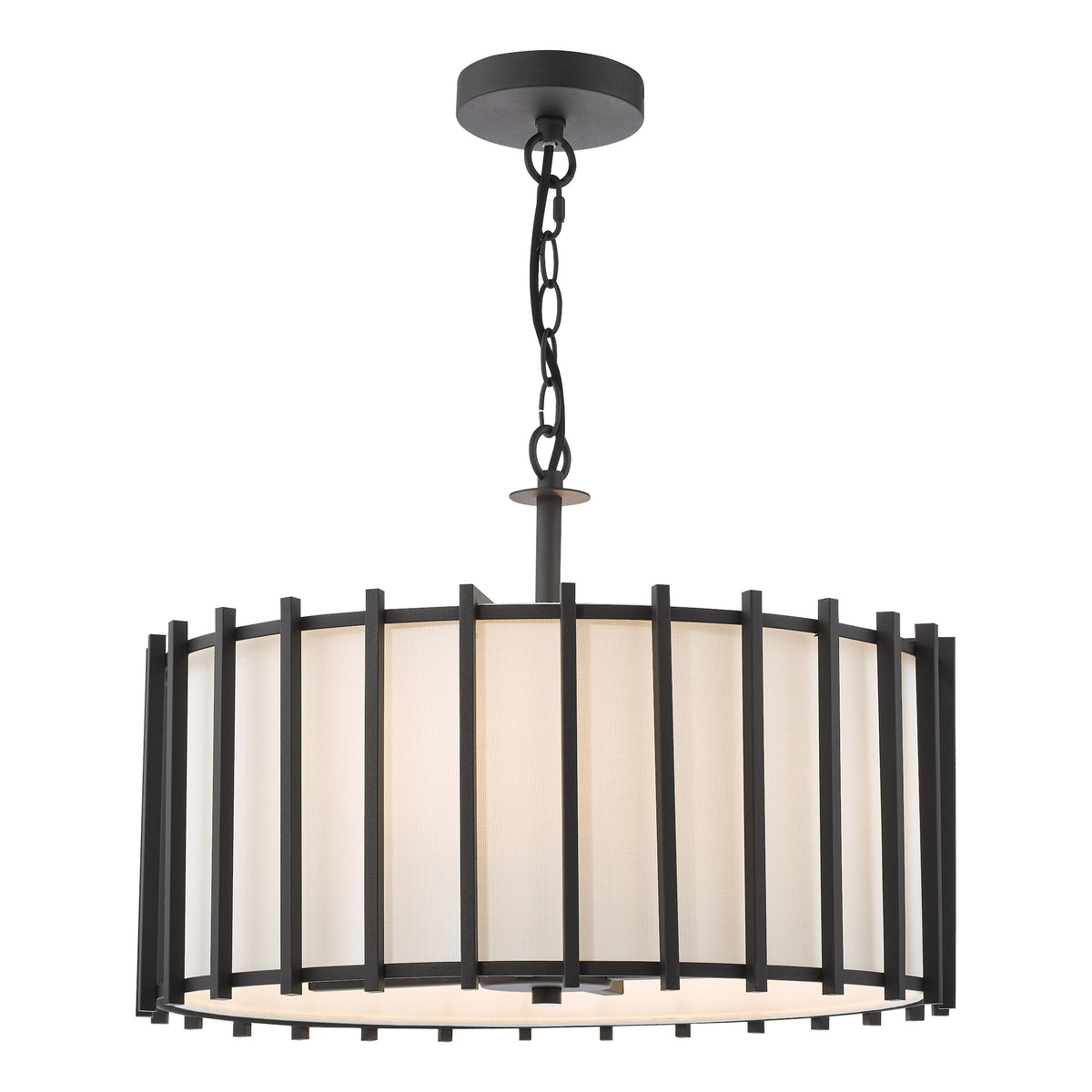 Black metal chandelier with a drum shade and vertical slats
