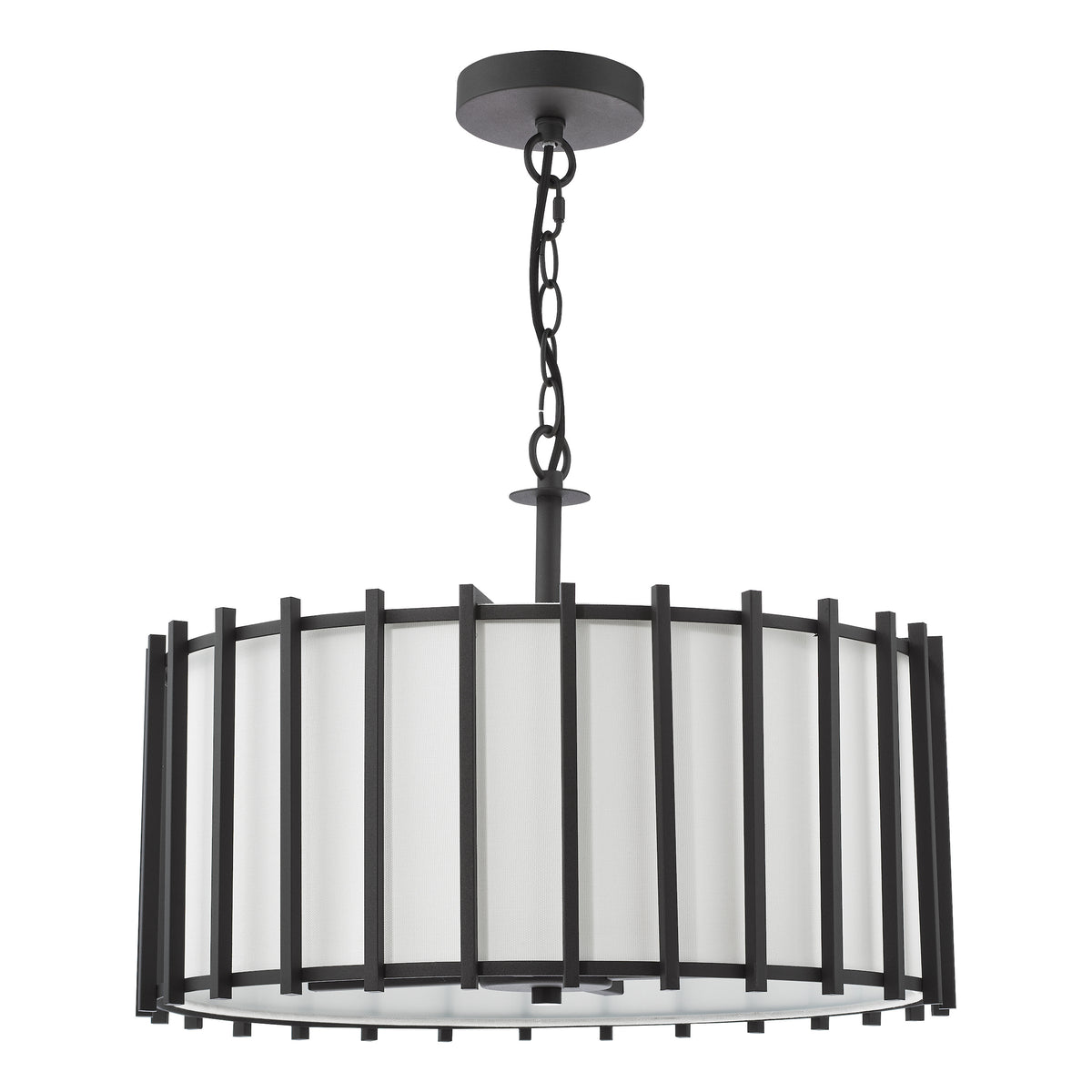 Black metal chandelier with a white fabric drum shade