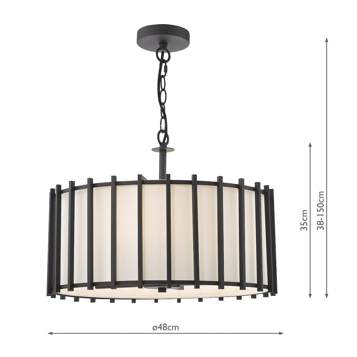 Black metal and cream fabric drum pendant light with dimensions