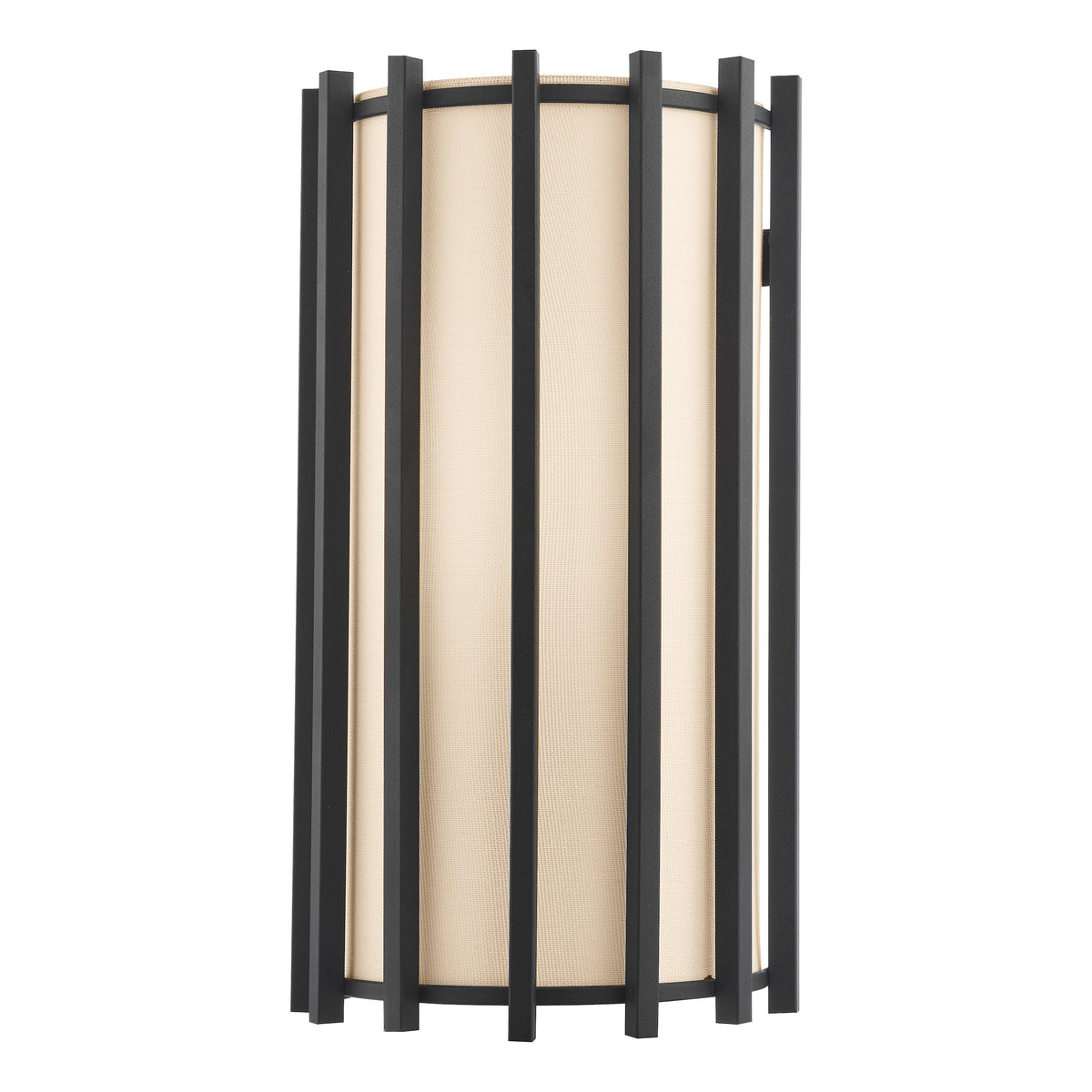 Cylindrical wall sconce with a beige fabric shade and vertical black metal bars