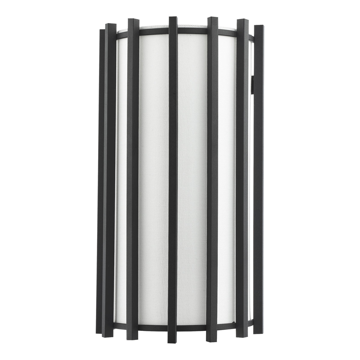 Black metal outdoor wall light with a white cylindrical shade and vertical black metal bars