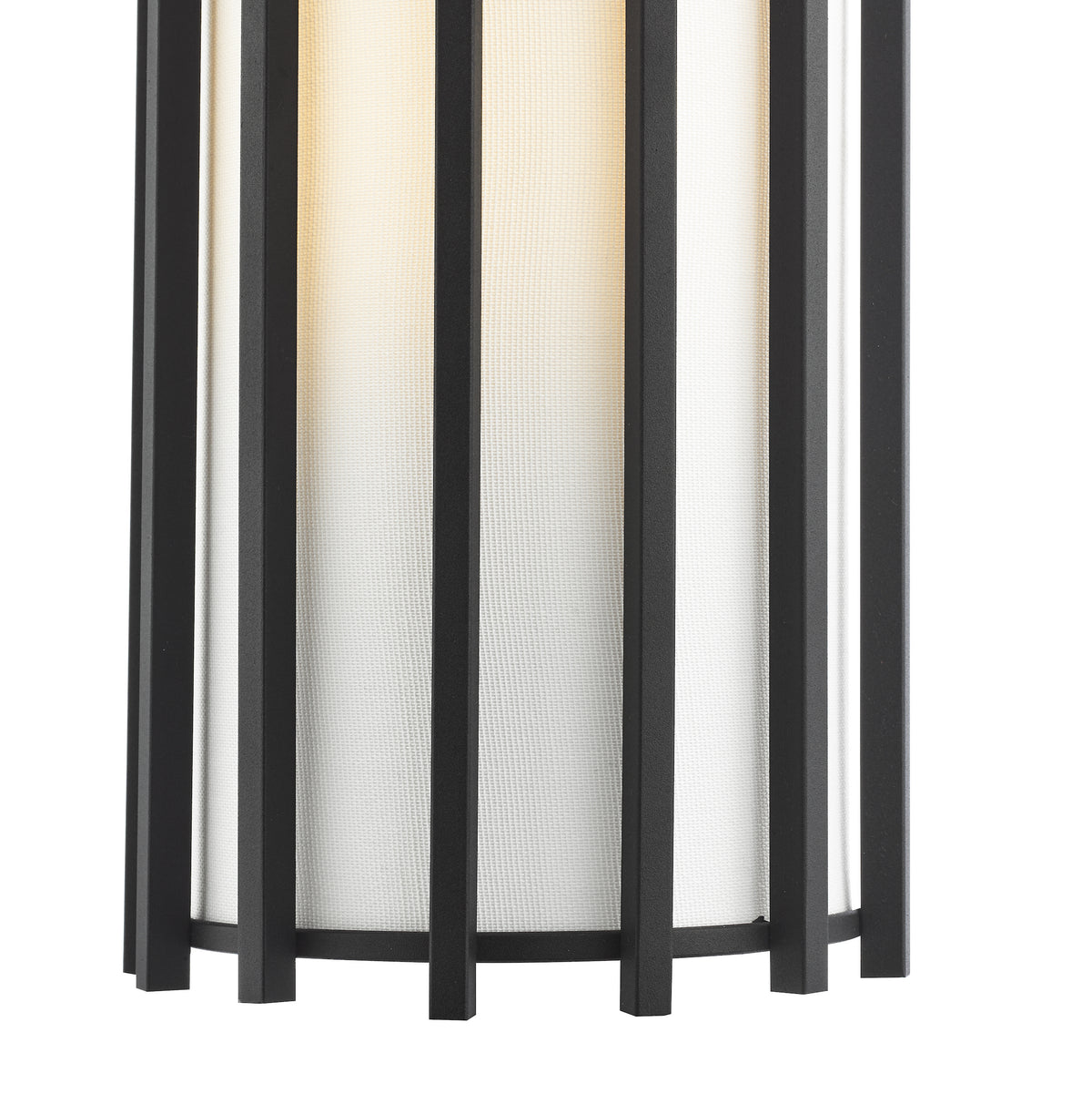 Black metal outdoor wall light with a white fabric shade