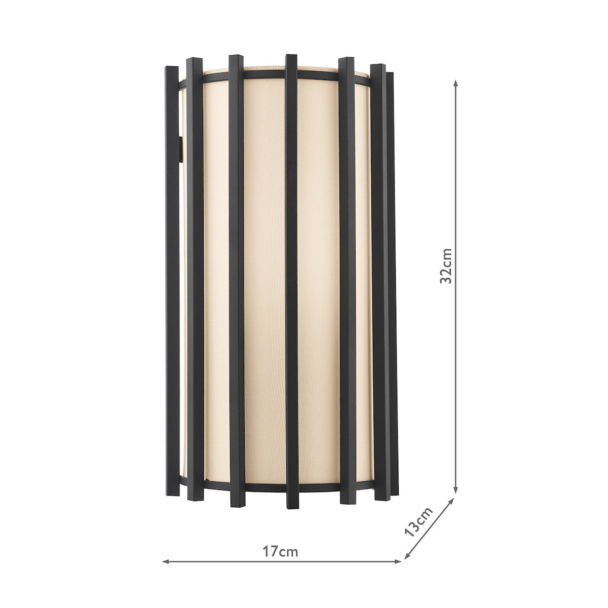 Black metal and cream fabric wall light with dimensions 32cm high, 17cm wide, 13cm deep