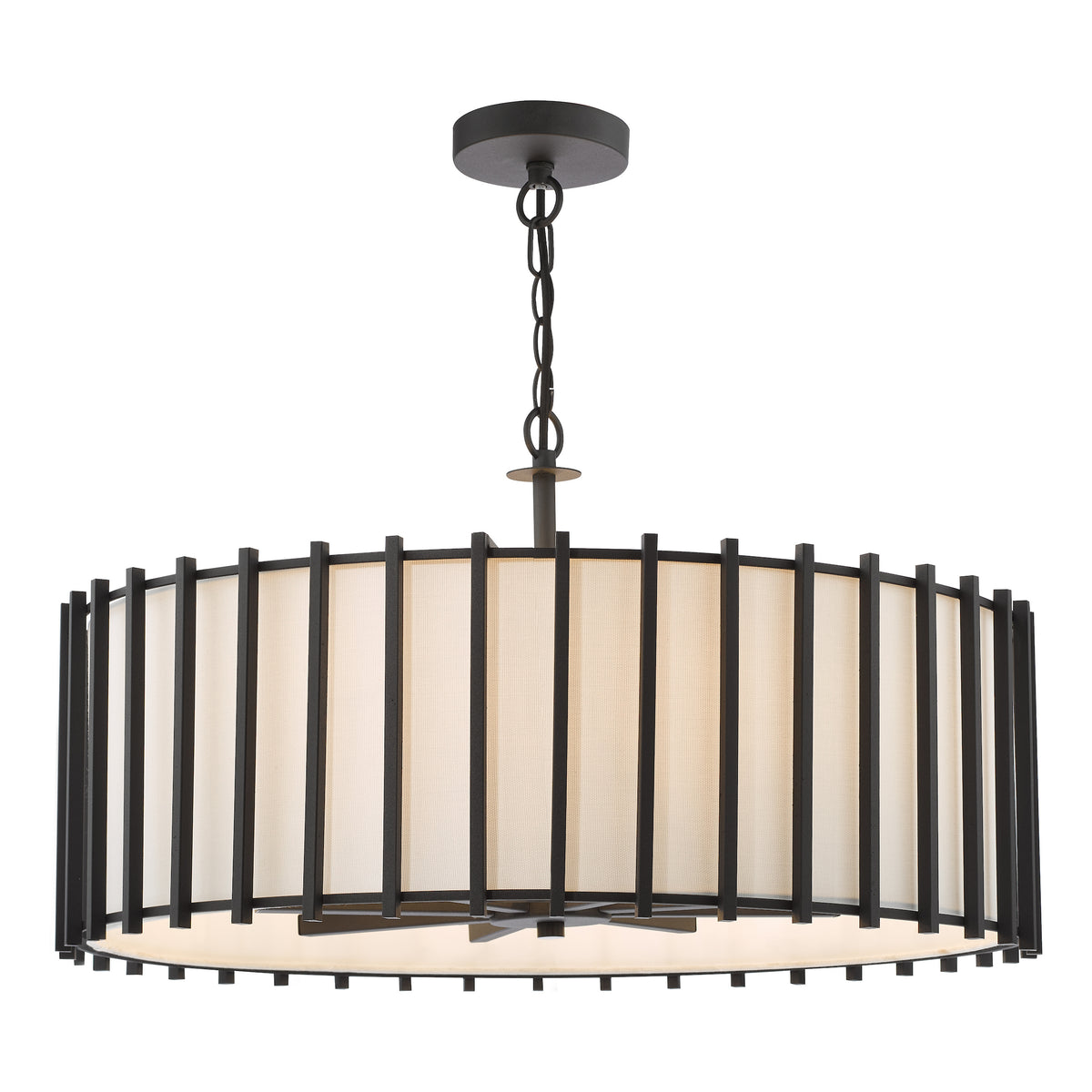 Drum chandelier with a dark bronze finish and a white fabric shade