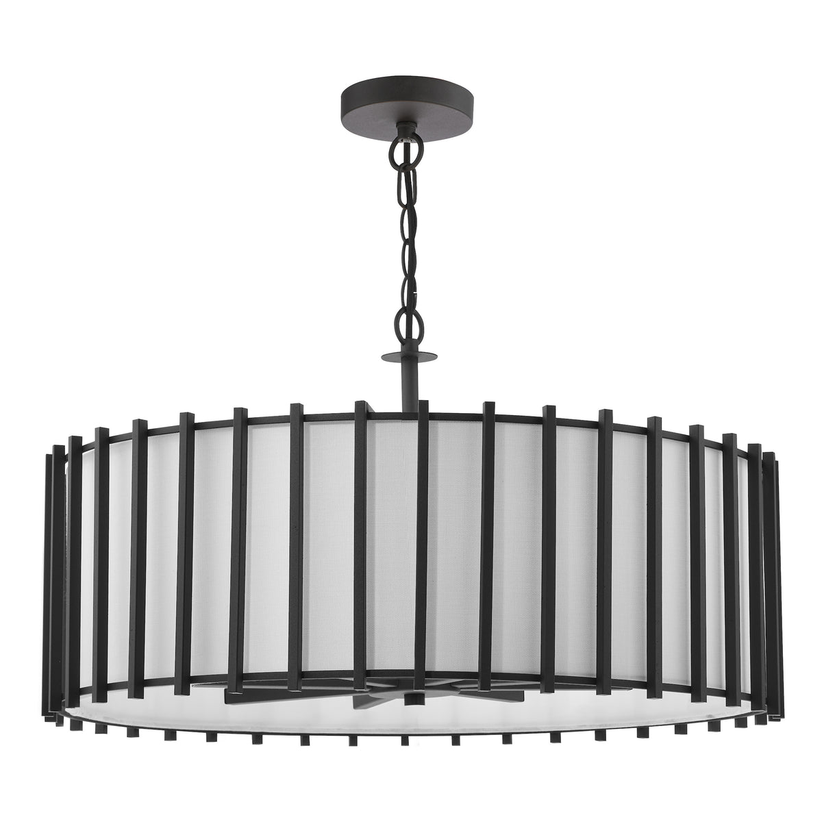 Black metal chandelier with a white fabric drum shade and vertical black metal bars