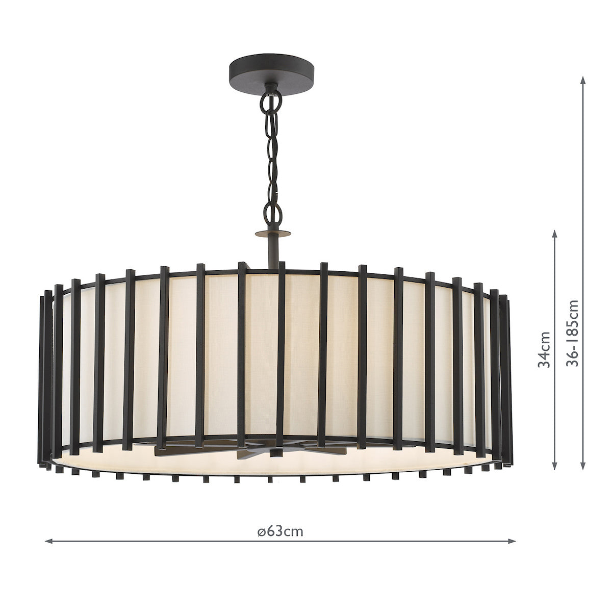 Drum pendant light with black metal frame and cream fabric shade, dimensions shown