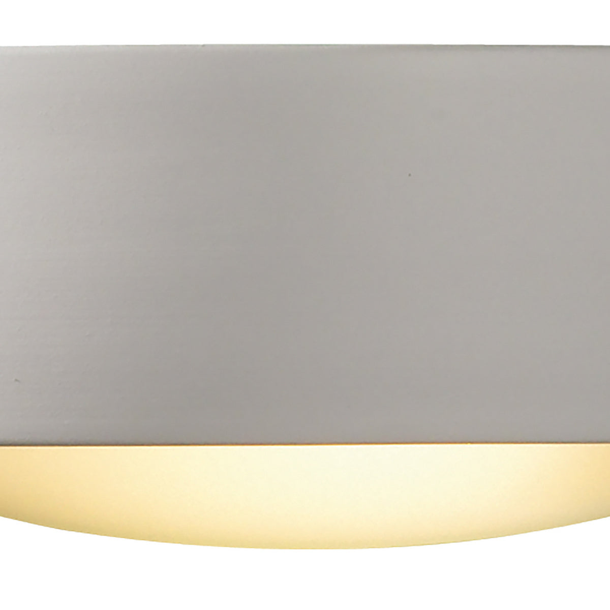 Close-up of a white wall sconce with a warm glow emanating from its bottom edge.