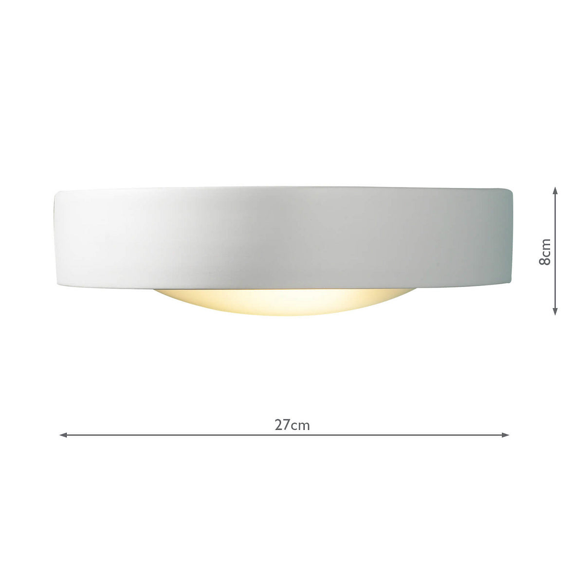 White ceramic wall light with a warm glow, measuring 27cm wide and 8cm high.