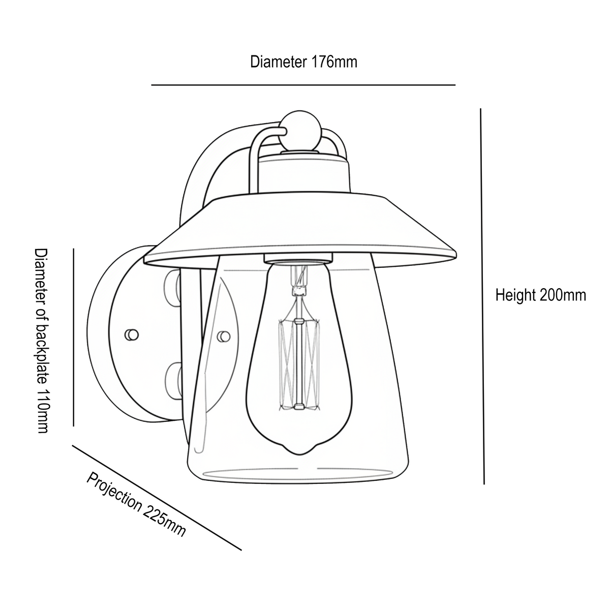 Line drawing of a wall light with dimensions: diameter 176mm, height 200mm, projection 225mm, backplate diameter 110mm.