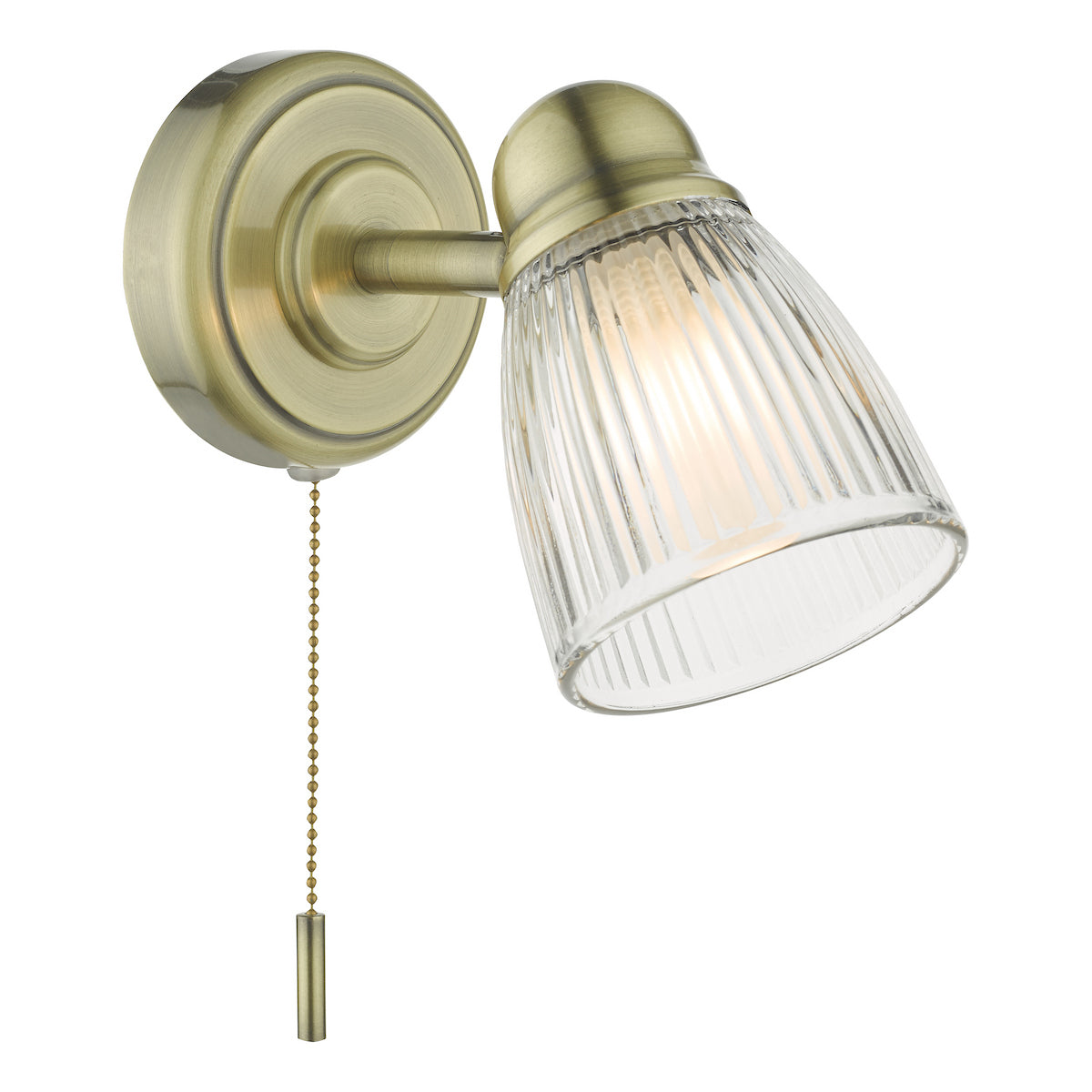 Antique brass wall light with a ribbed glass shade and pull cord switch.