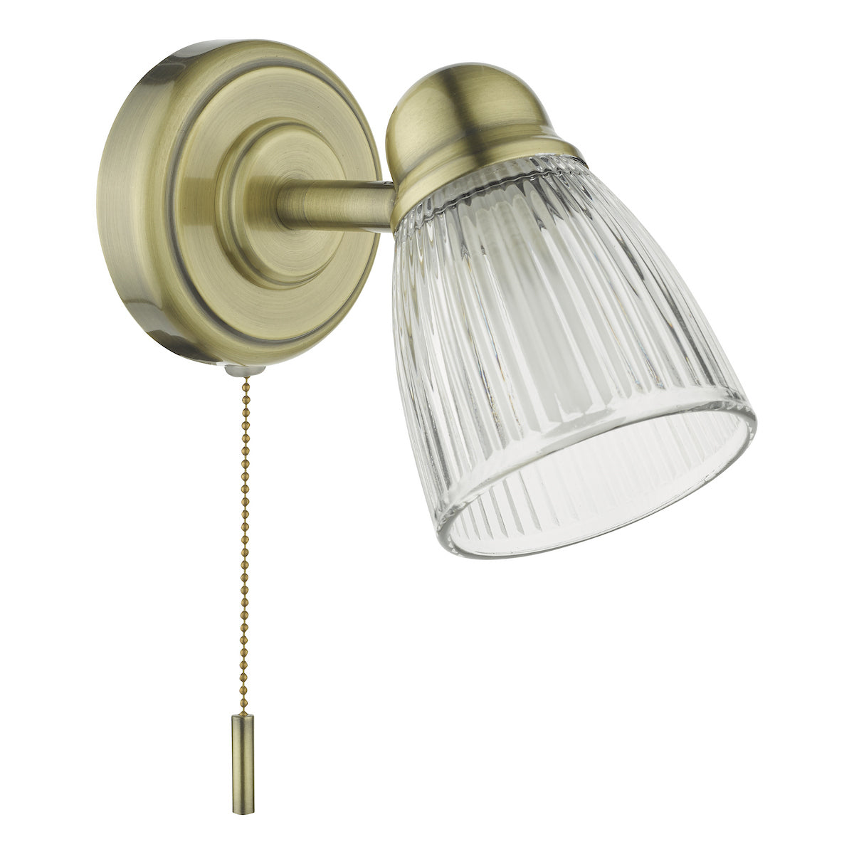 Antique brass wall light with a ribbed glass shade and a pull chain switch.