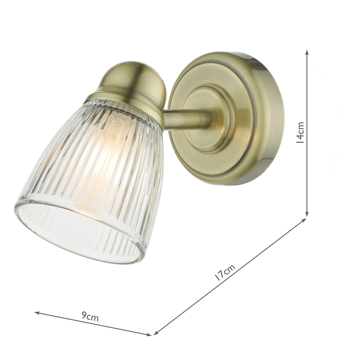 Antique brass wall light with a ribbed glass shade, showing dimensions of 14cm height, 17cm depth, and 9cm width.