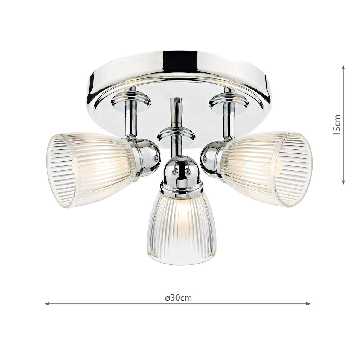 Polished chrome ceiling light with three ribbed glass shades, 30cm wide and 15cm high.